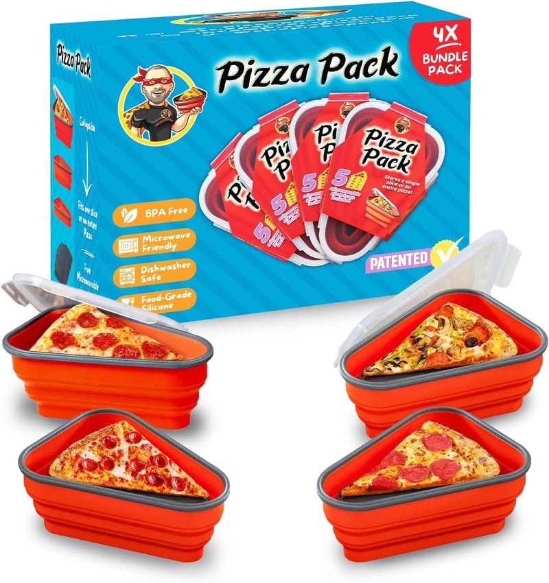 PIZZA PACK حاوية تخزين البيتزا القابلة لإعادة الاستخدام المثالية مع 5 صواني تقديم قابلة للاستخدام في الميكروويف - حاوية شريحة بيتزا قابلة للتعديل خالية من BPA لتنظيم وتوفير المساحة، 4 عبوات، حمراء - Image 1